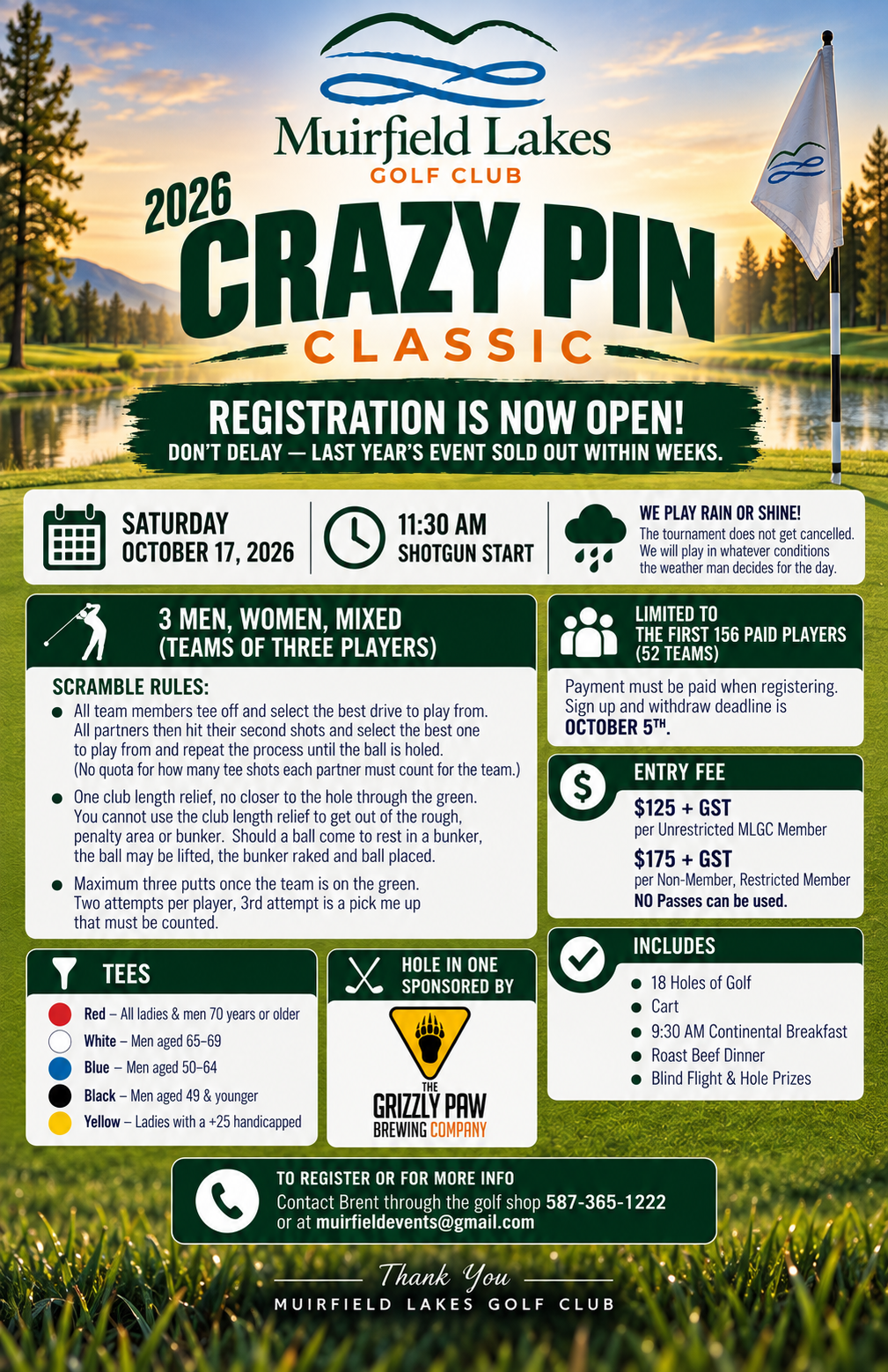 2026 Crazy Pin Classic tournament poster - Saturday October 17, 2026, 11:30 AM shotgun start at Muirfield Lakes Golf Club
